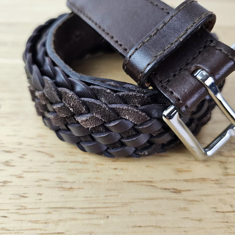 Brooks Brothers 40 Brown Woven Leather Belt Silver Buckle Men's Classic‎ Style